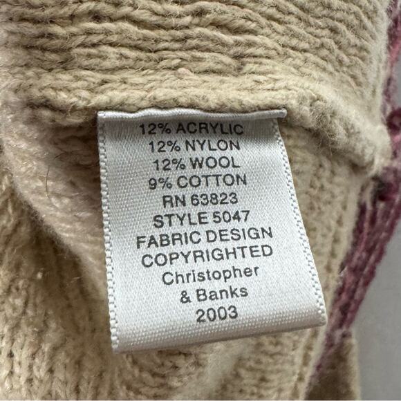CHRISTOPHER & BANKS / vintage tan bird embroidered cardigan wool sweater / L - Picture 7 of 9